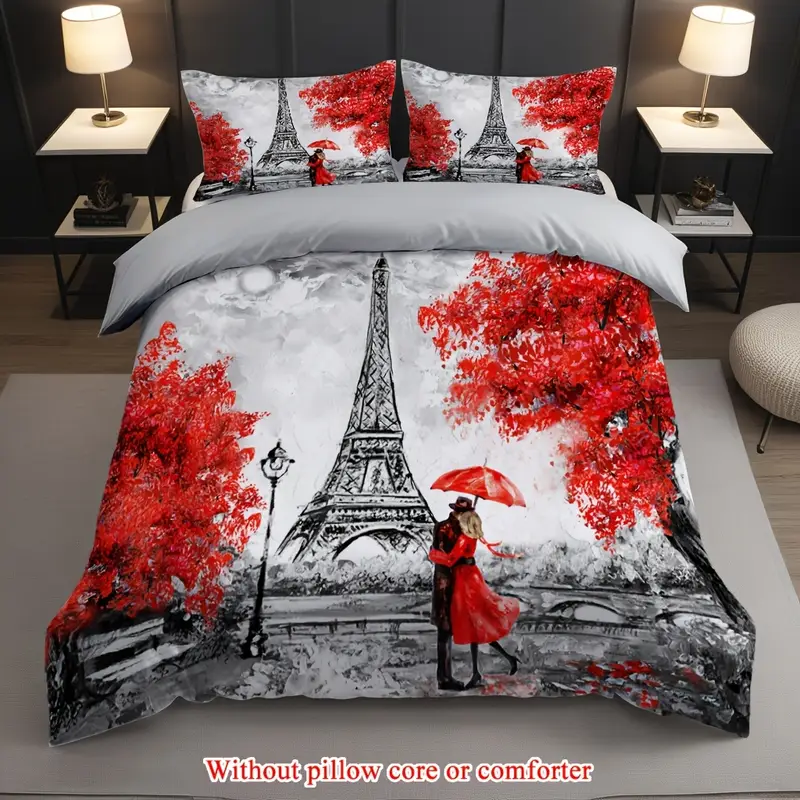 2 3pcs 1 duvet cover 1 2 pillowcase without core romantic france tower valentines day rainy romantic couple print soft comfortable bedding set for bedroom dorm room family gift Product details 7