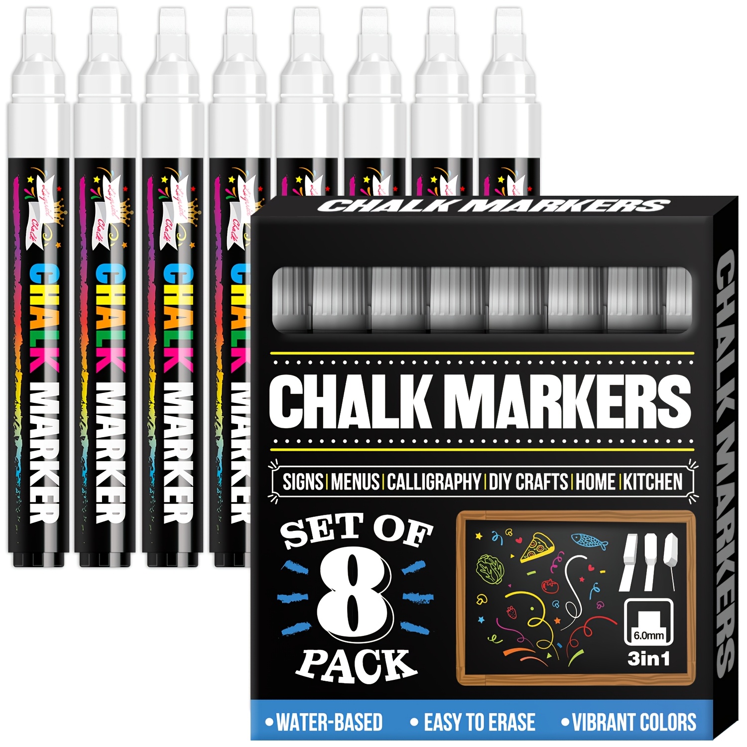 Image of Flysea 8 Pack White/multicolors Chalk Markers - Quick-dry Chalk Marker Pens With Dual Tips Erasable Marks, For Blackboard, Glass, Car Windows, Menu Boards, Professional Art Supplies Kit