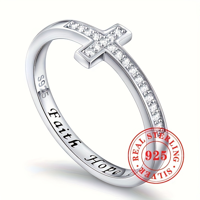 Image of Men's And Women's S925 Sterling Silvery Engraved Synthetic Zirconia Cross Ring Jewelry