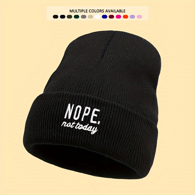 

Unisex Embroidered "nope" Knit Beanie - Acrylic Casual Cap With High Stretch Fabric, Cozy And Windproof For Cold Fall/winter Season, Hand Washable