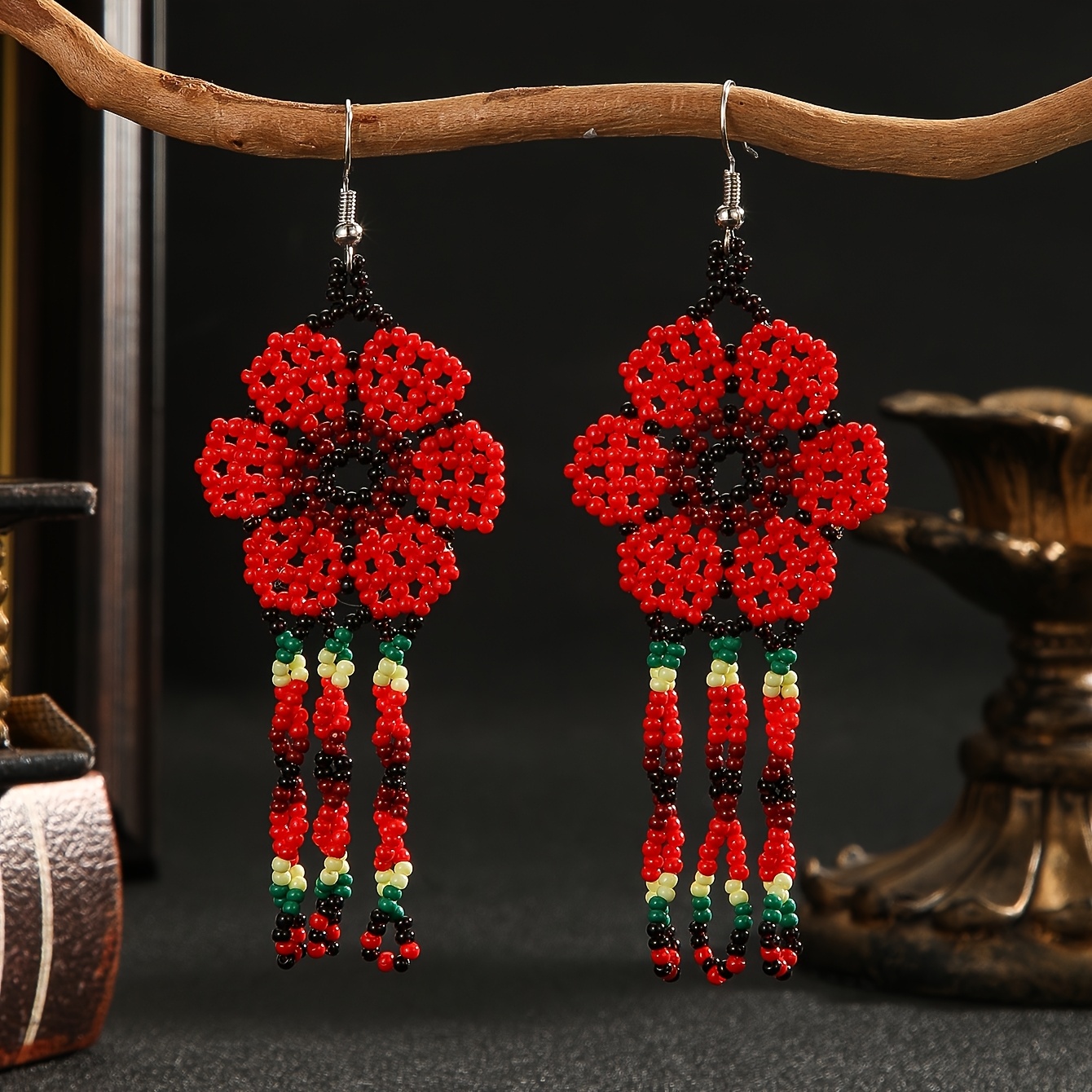 TEMU A Pair Of Handmade Beaded Drop Earrings Featuring A Bohemian Style With Tassels, Vintage Design, And A Hollow Flower Series In Black And Red.