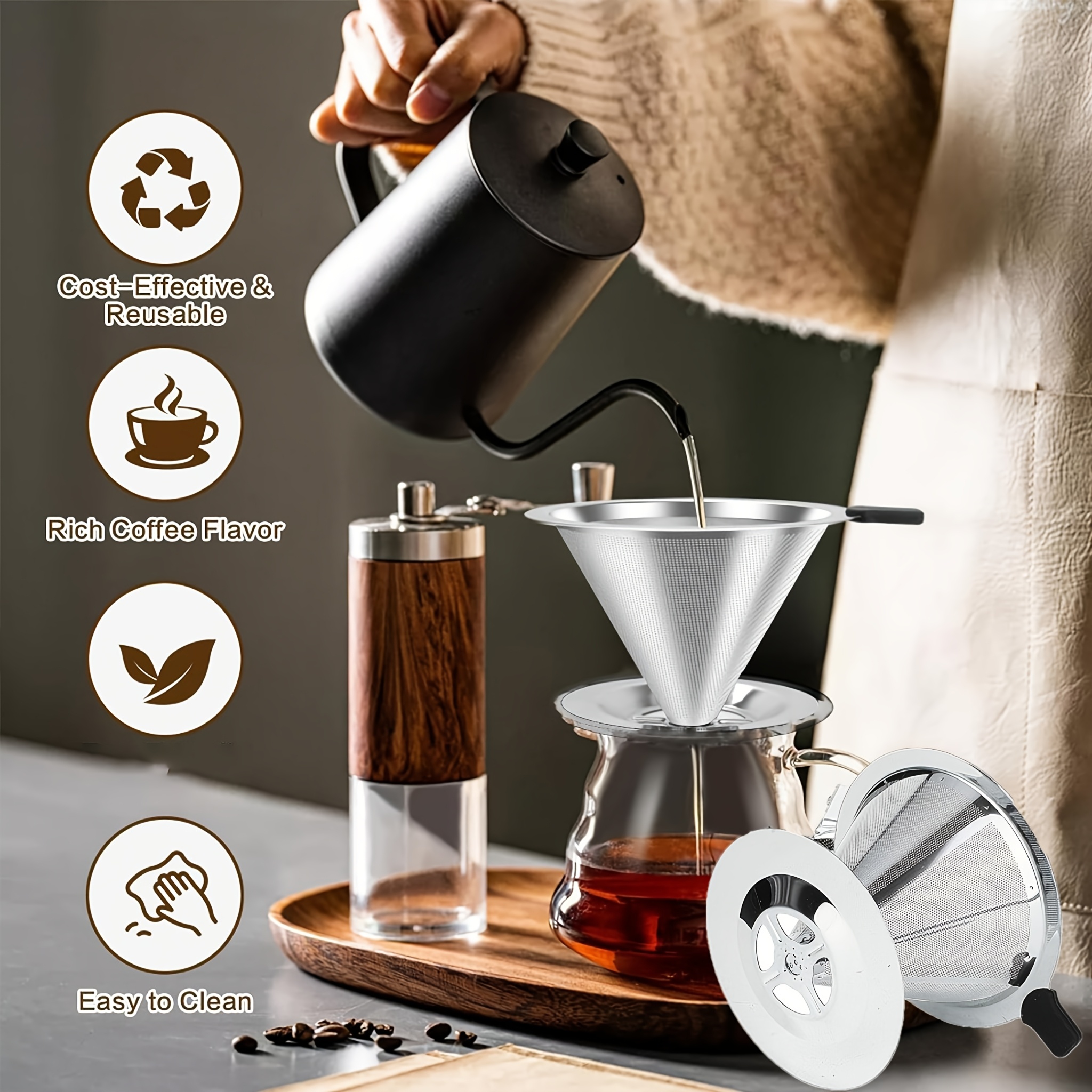TEMU Pour Over Coffee Dripper Reusable Coffee Filter Pour Over Coffee Dripper Stainless Steel Reusable Filter Slow Drip Coffee Filter For Extraction