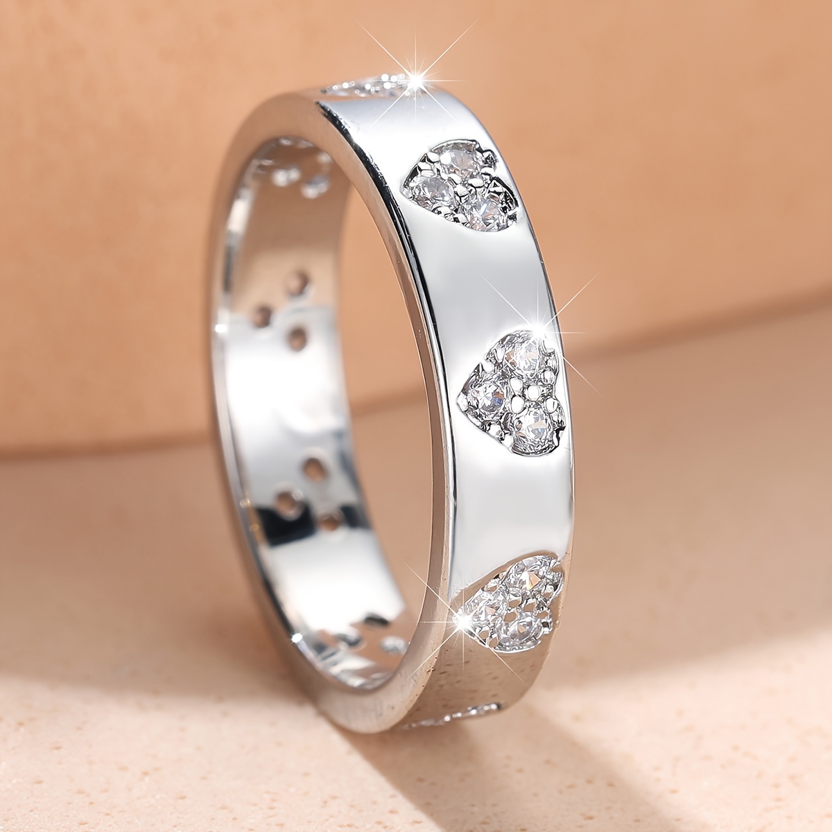 TEMU 1pc Exquisite Small Heart-shaped Synthetic Synthetic Synthetic Zircon​​ Hollow Ring Unisex Niche Design Premium Ring