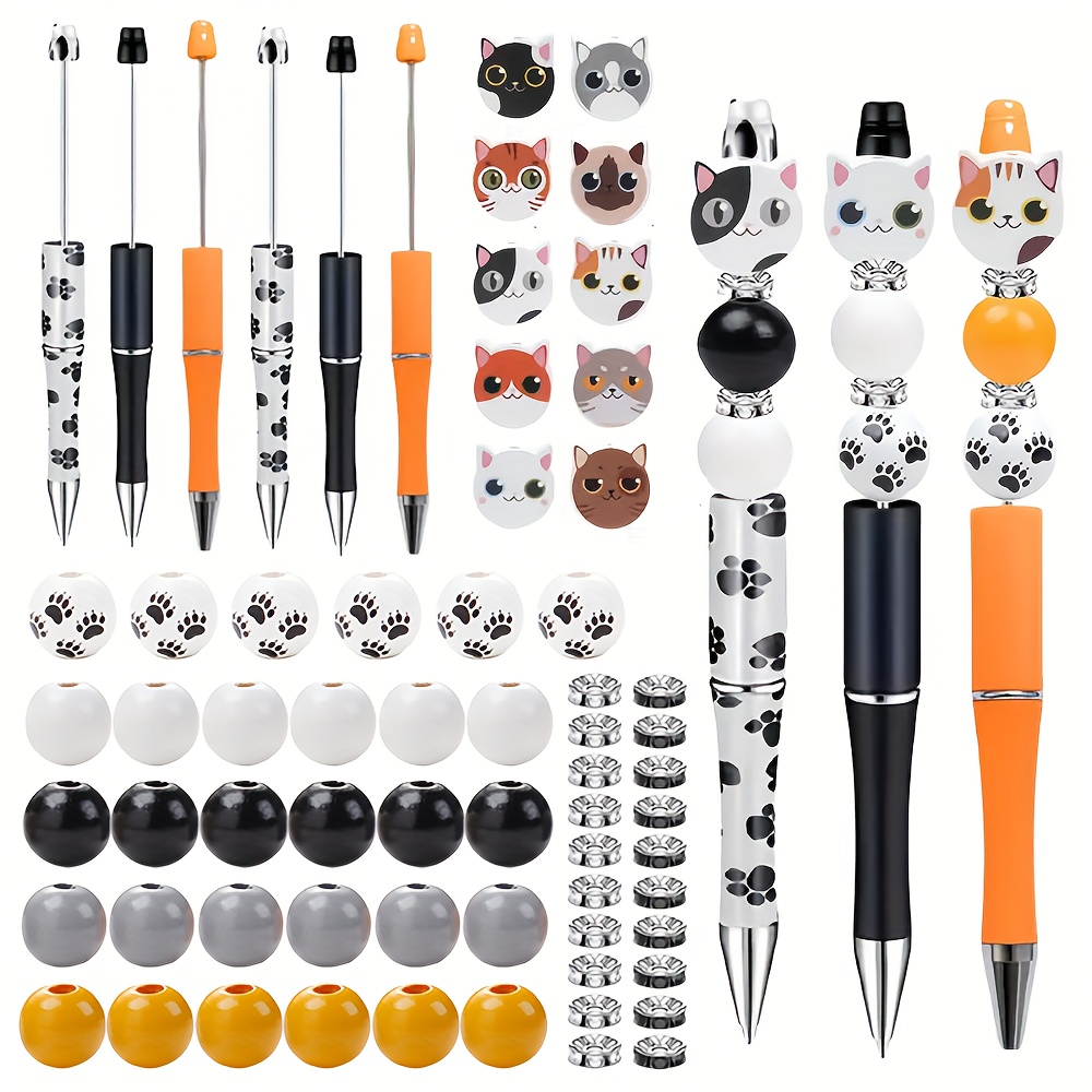 Image of 66pcs/set Diy Pens Making Kit 6pcs Plastic Beadable Pens 10pcs Assorted Lovely Cats Bead And 30pcs Round Wood Beads 20pcs Rhinestone Spacer Beads For Office Gifts Diy Supplies