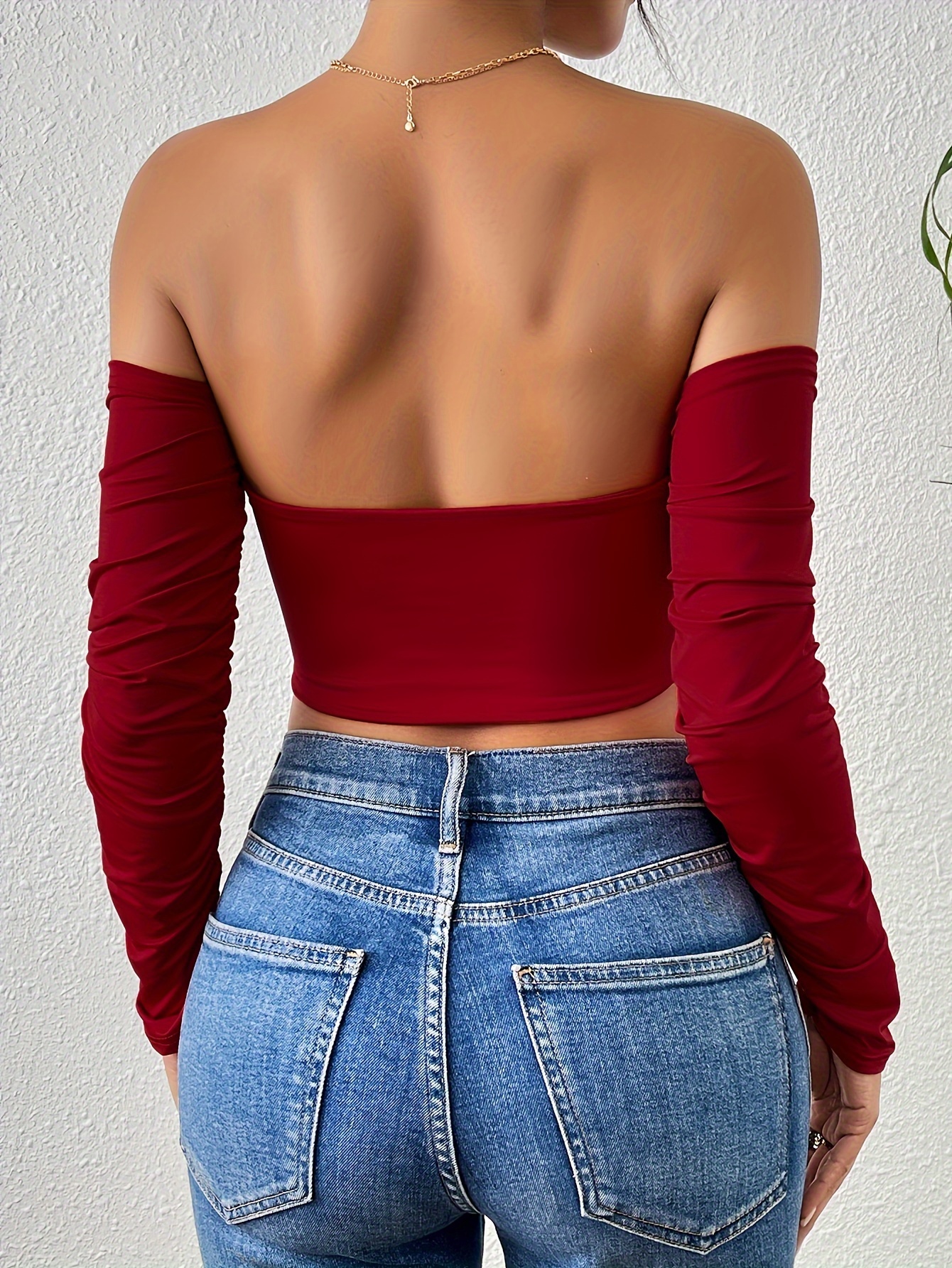Drawstring Front Off Shoulder Crop T-shirt, Sexy Ruched Long Sleeve  Nightclub Top, Women's Clothing