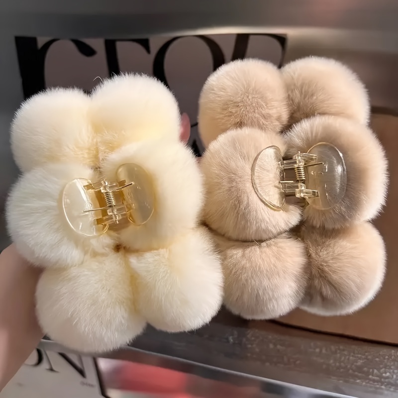 

2pcs Large Plush Hairpin - Cute Design, Non-slip Ponytail Hairpin For Women And Girls, Soft And Fluffy Hair Accessories, Solid Color, Suitable For Autumn And Winter