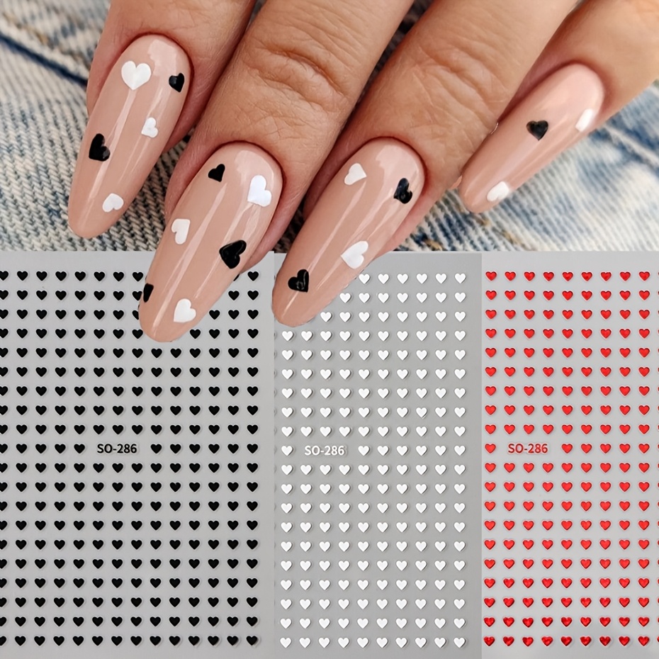 Image of 3pcs Mini Heart-shaped Nail Stickers - 3color (red, Black, White) - Valentine's Day Heart Designs Laser-cute Love Nail Decals For Nails, Romantic Nail Design