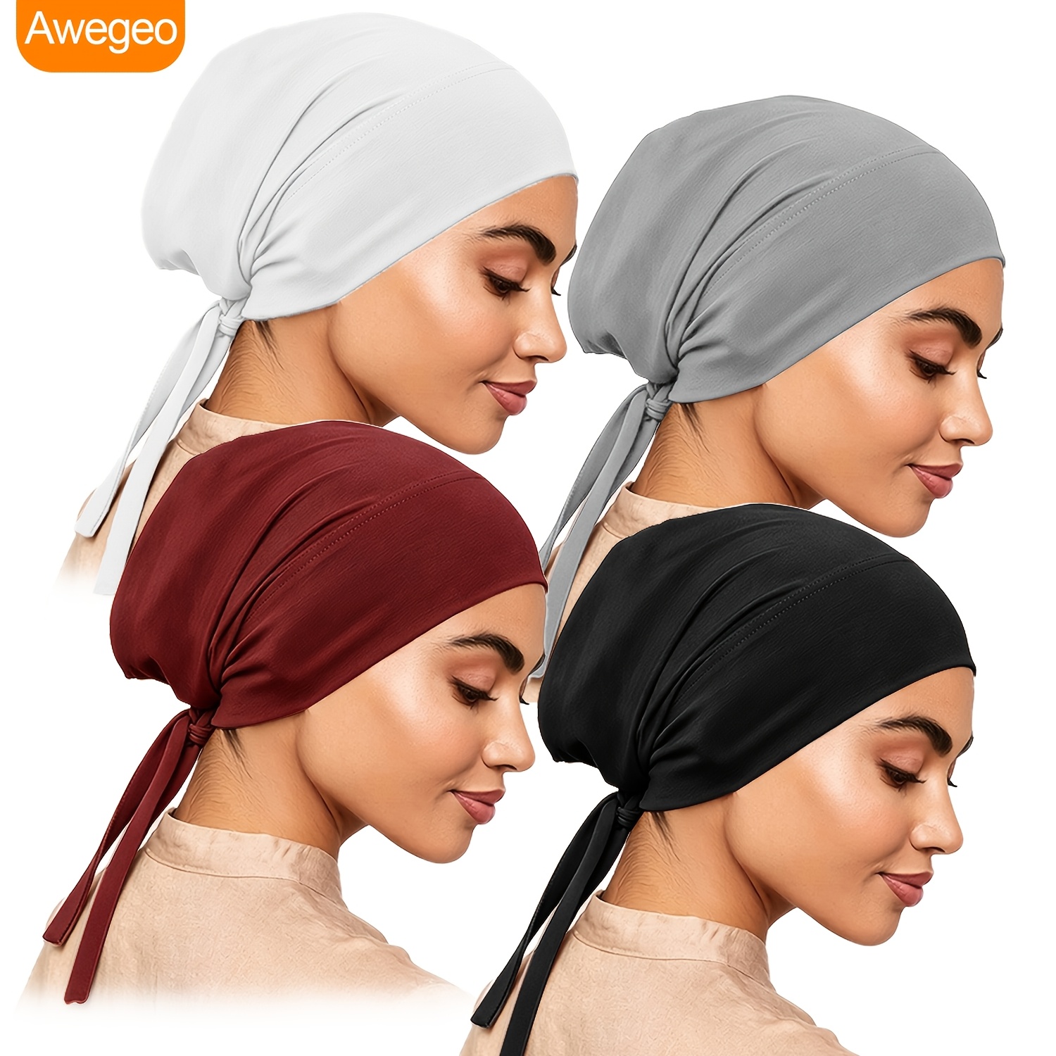 TEMU Lot de 4 bonnets hijab réglables à dans le dos, doublures de foulard douces et respirantes, bandeau de nuit léger pour cheveux pour femmes sous