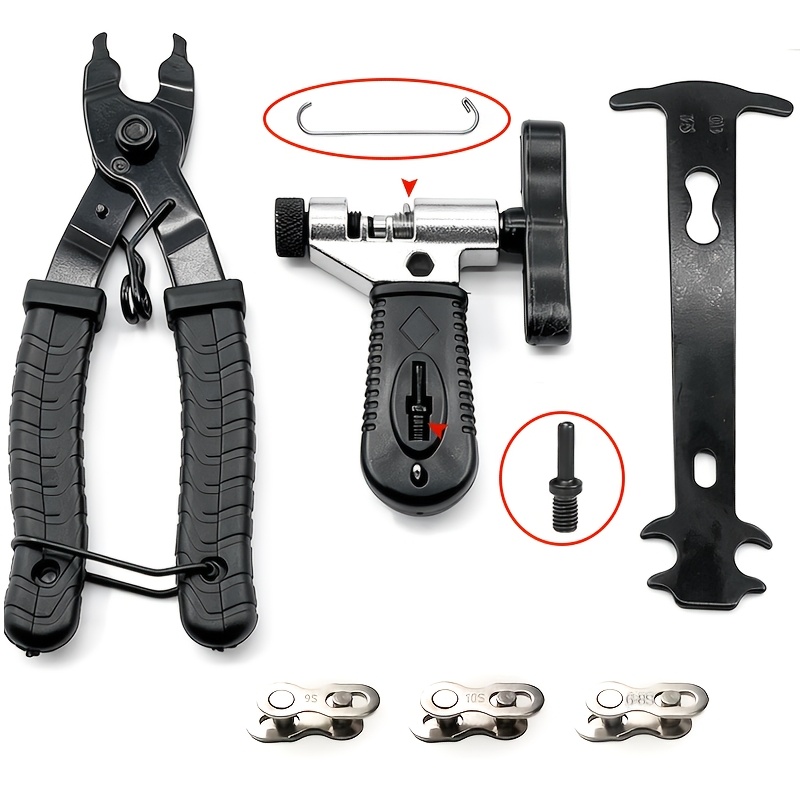 TEMU Set di attrezzi per la riparazione della catena della bici, trapano per catena da bici, pinza per maglia di ricambio, indicatore di usura e 3 di