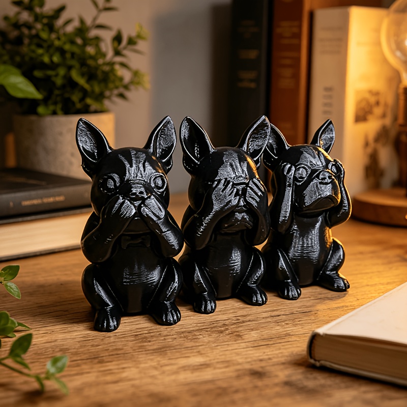 Image of 3pcs Nordic Minimalist Black Sculpture Set Featuring 3 , Intelligent, And Pure- French . Perfect For Display On Living Room Shelves And Tables, An Ideal Valentine's Day Gift For Dog Lovers