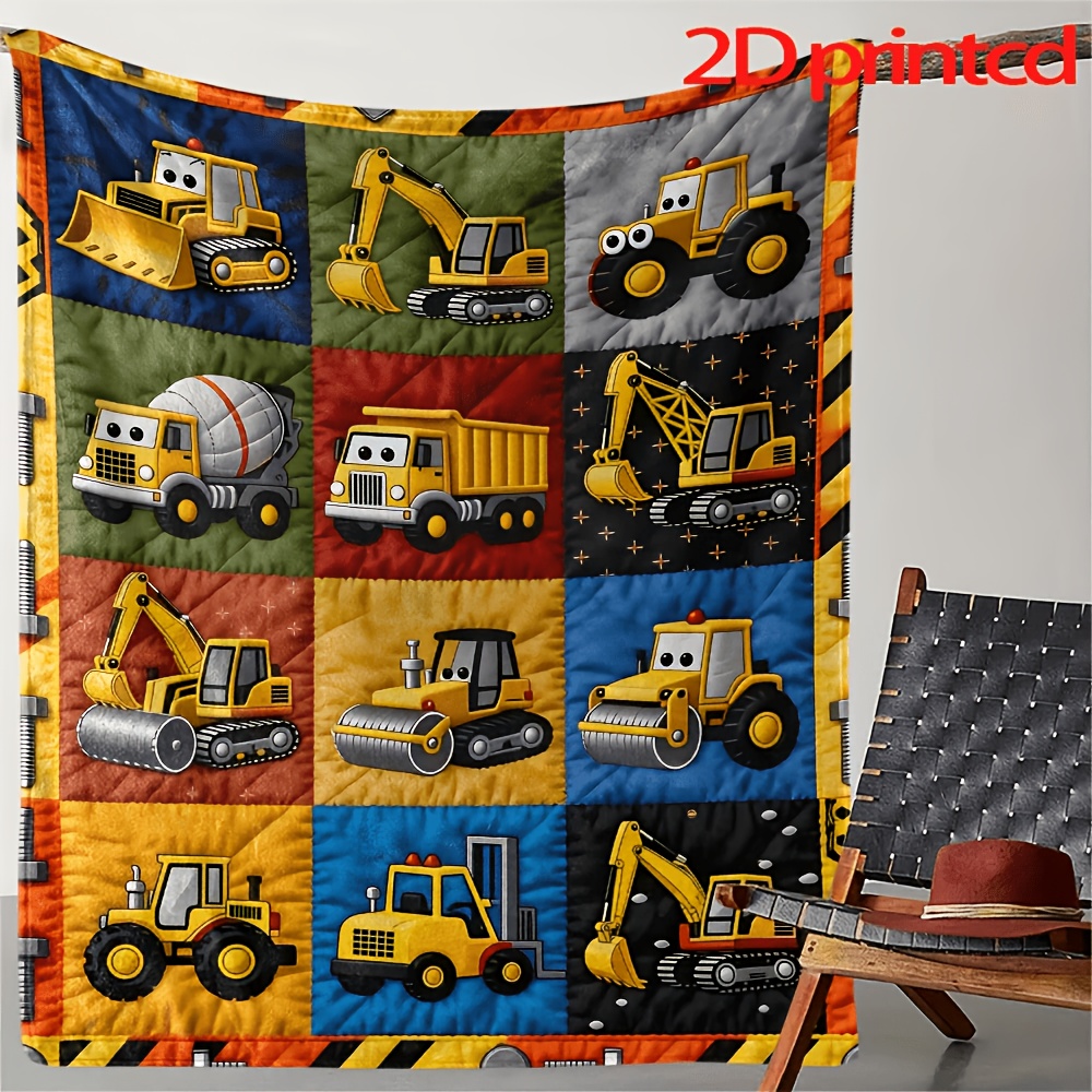 TEMU Flat/2d Flannel Engineering Vehicle Themed Throw Blanket - Warm, Soft, And Comfortable With Multi-patch Cartoon Patterns Of Excavators,