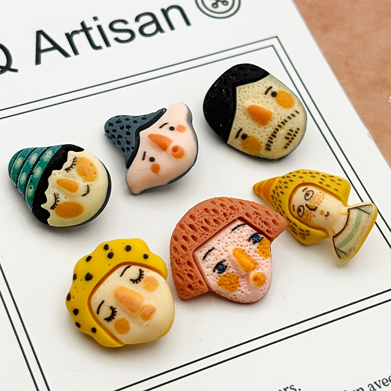 E-shop 6 Stück Harzknöpfe, geeignet für DIY-Basteln, Vintage-Gekritzel-Figur-Kapselknöpfe mit mehrfarbigen Retro-Designs zum Nähen, Stricken, zur