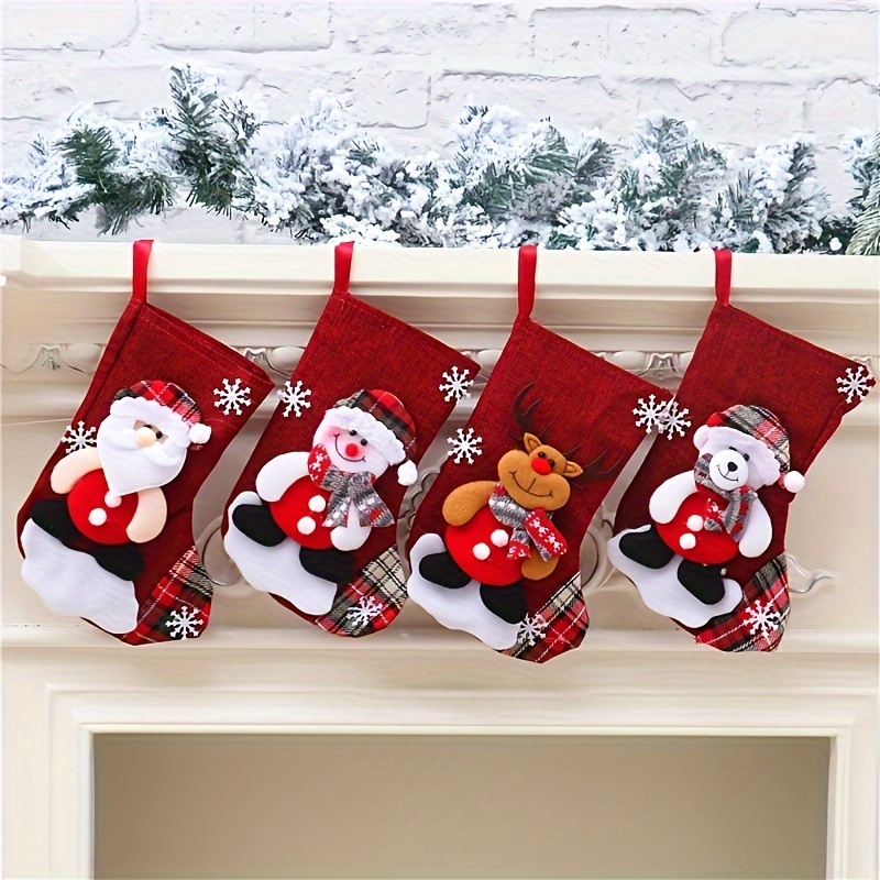 TEMU 3/4pcs Christmas Stocking Classic Medium Stockings Christmas Stocking Pendant Party Decoration Cloth, Christmas Supplies, Snowman, Reindeer Xmas