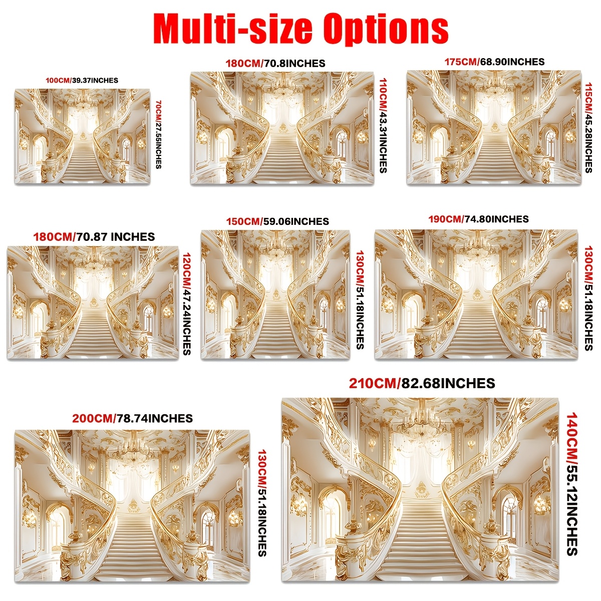Golden Ornate Staircase White Marble Chandelier Backdrop Banner for Parties