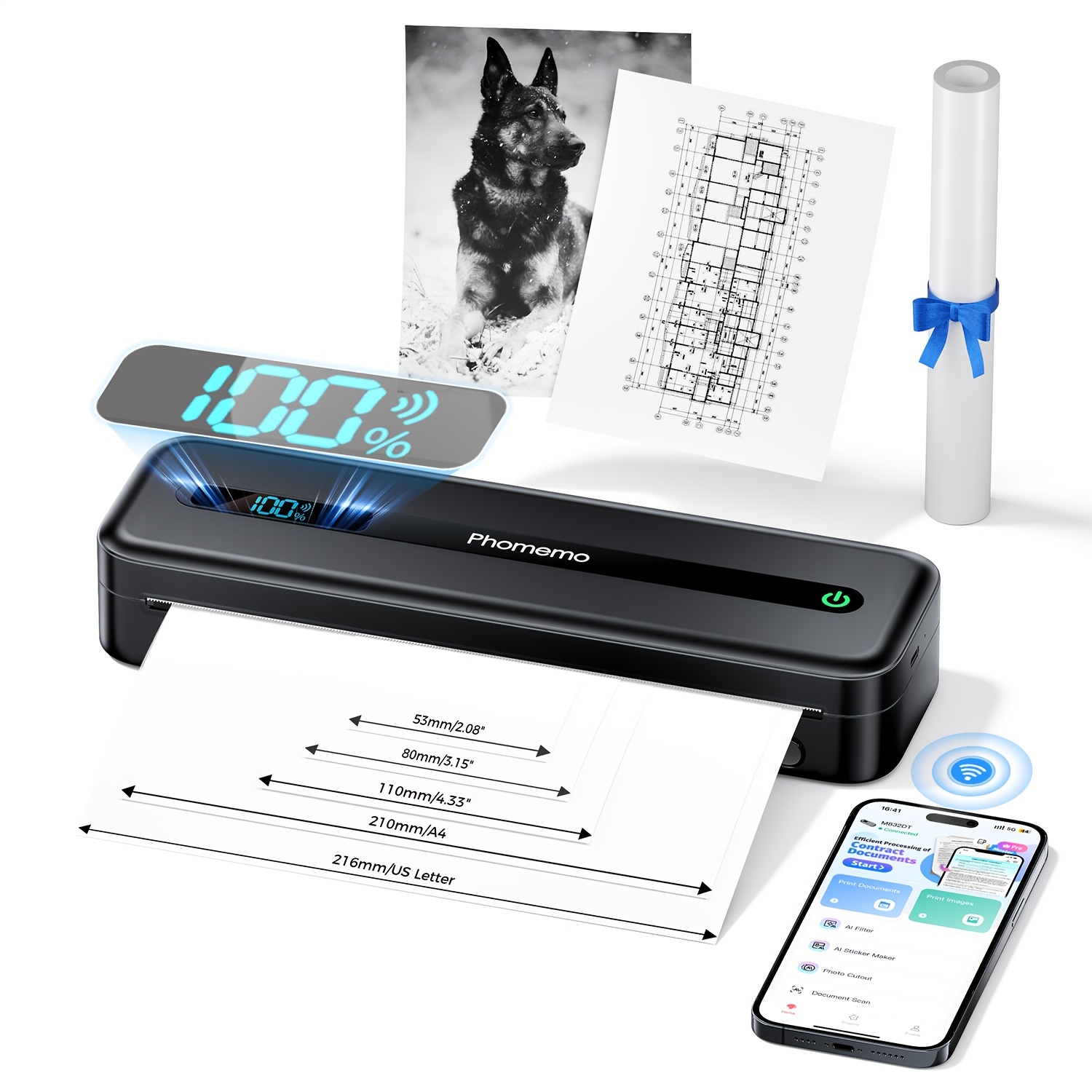 TEMU Phomemo M832dt (display Version) Portable Printer, Wireless Thermal Printer With 1 Roll Of Paper, Supports 8.5" X 11" And A4 Size Thermal Paper,