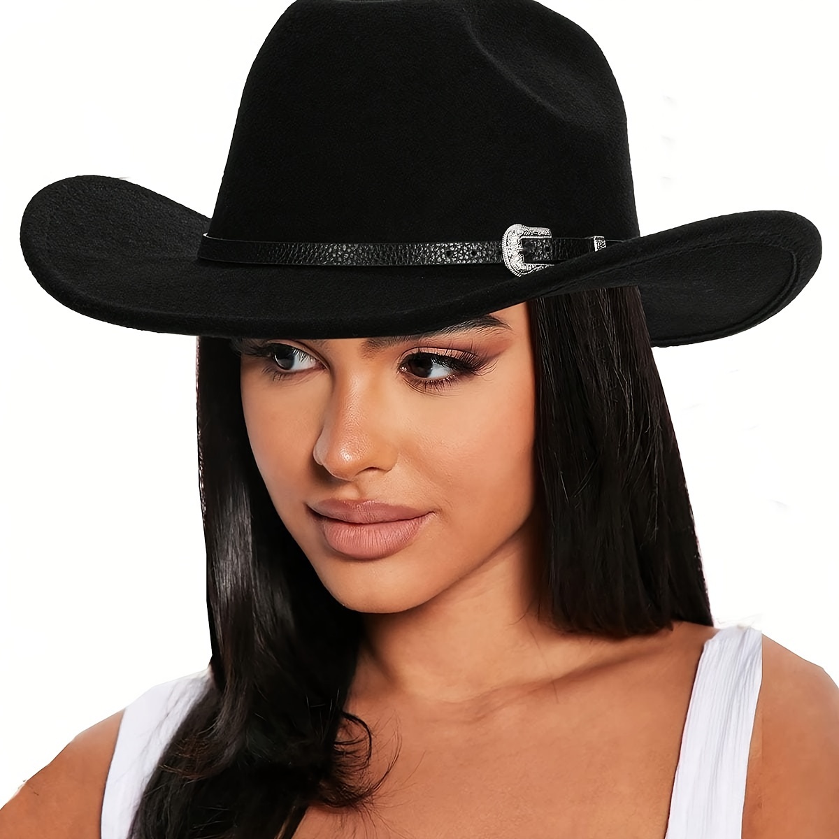 

1pc Classic Fashionable Cowboy Hat Vintage Classic Belt Decor Panama Cowgirl Hat Western Sunshade Hats For Women