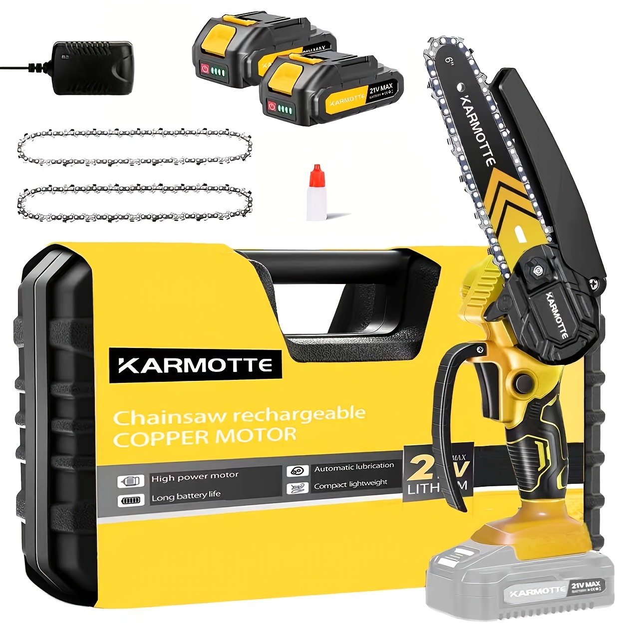 TEMU Mini tronçonneuse 6 pouces et 8 pouces balais avec batterie 2000 mAh et chaîne en option (1/2), système d'huilage automatique, réglage outil,