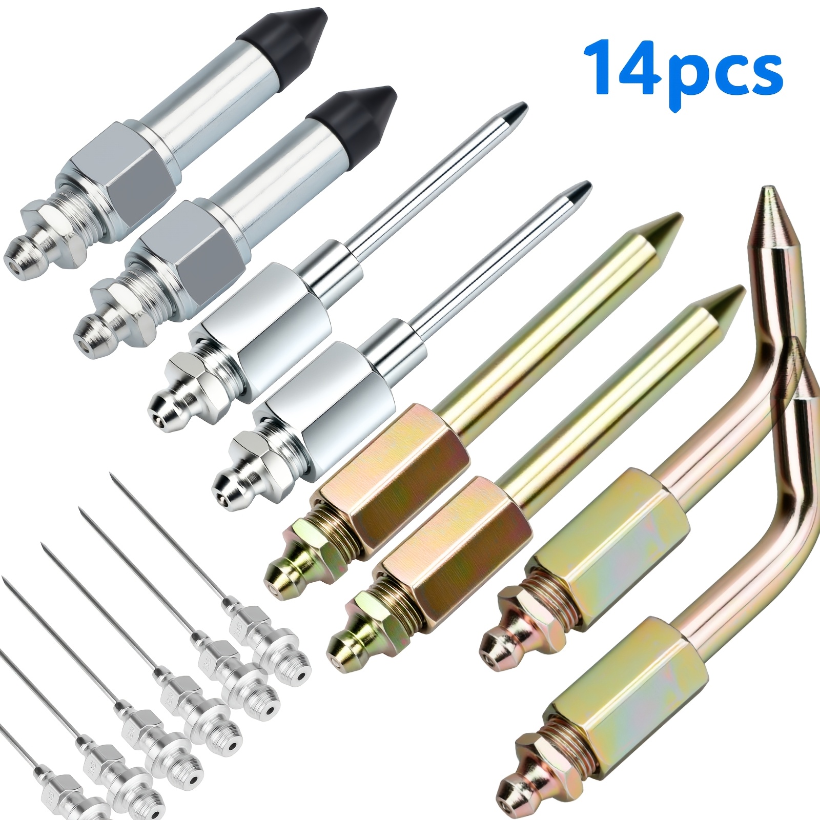 14pcs Grease Gun Accessory Kit, Steel Nozzles, Needle Dispensers And Joints, Straight, Bent And Needle Tips, For Lubricating Bearings, U-joints And Tight Spots On Cars, Trucks And Machinery