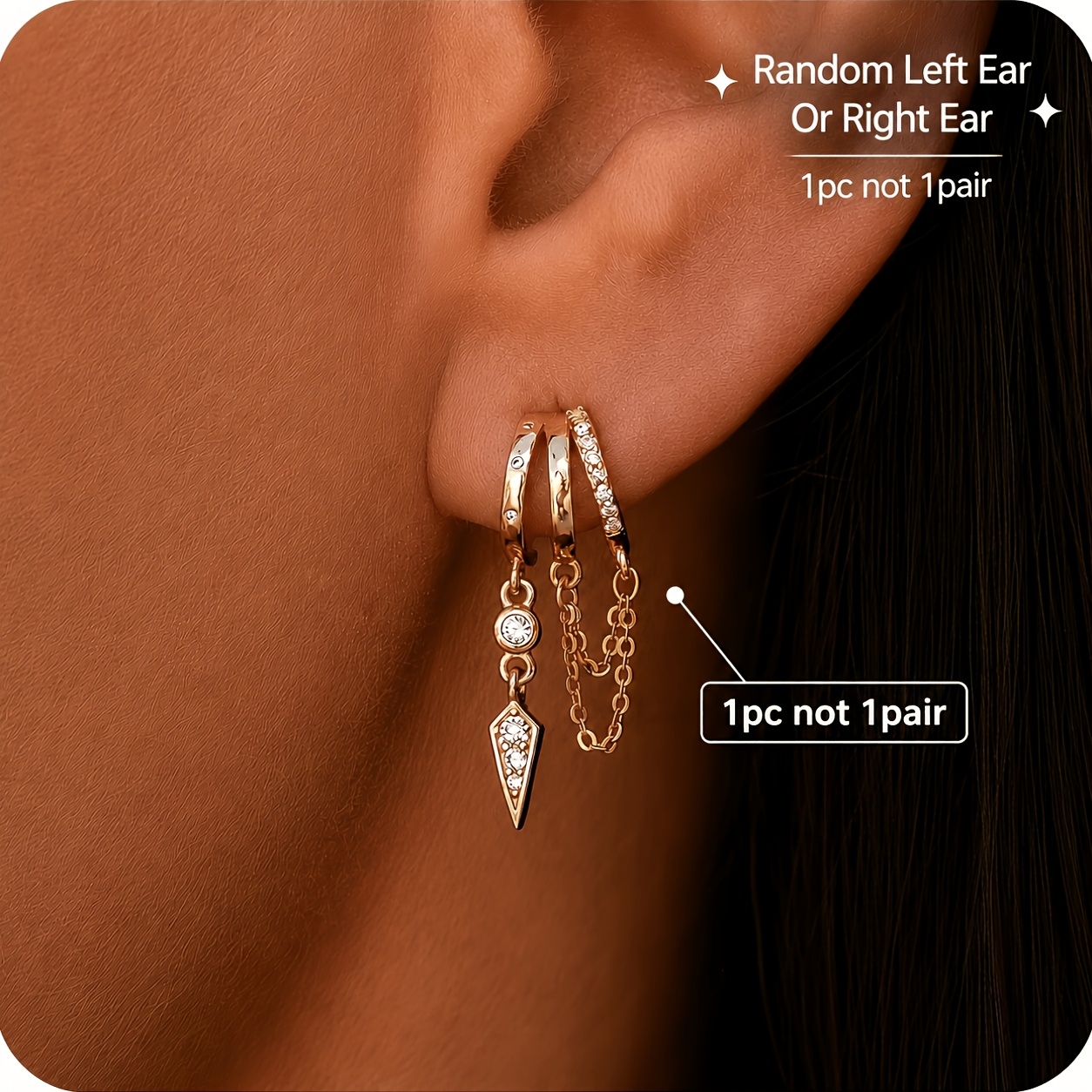 TEMU Single Earring, Not A Pair, Random Left Or Right Ear, Triple Huggie Chain Dangle Stud Earrings With Cz For Women