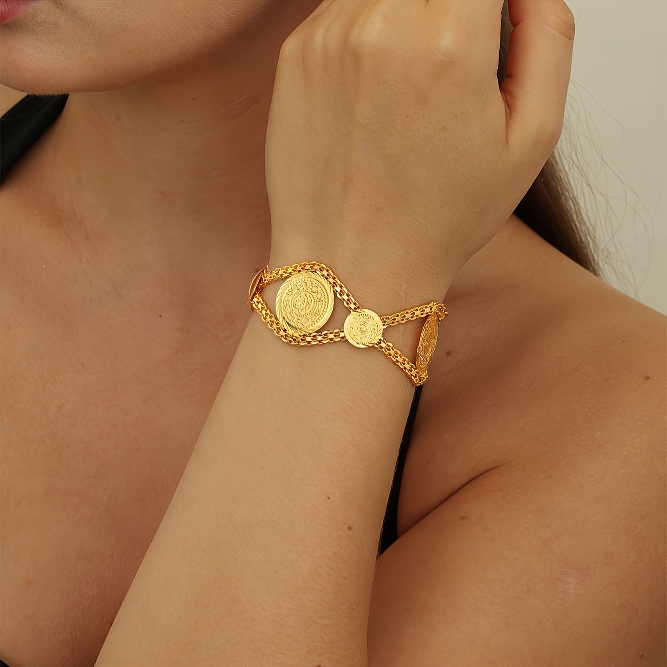 

Plated Coin Bracelet, Retro Vintage Style, Romantic Valentine's Day Present, Middle Eastern Holiday Season Jewelry, Adjustable Chain