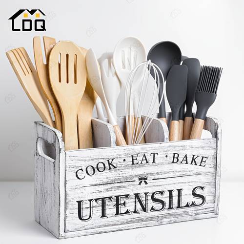 1pc ldq rustic wooden kitchen utensil holder 3 compartment countertop wall mounted organizer for forks spoons whisks saving multi use storage for kitchen pantry christmas halloween decor kitchen organizers and