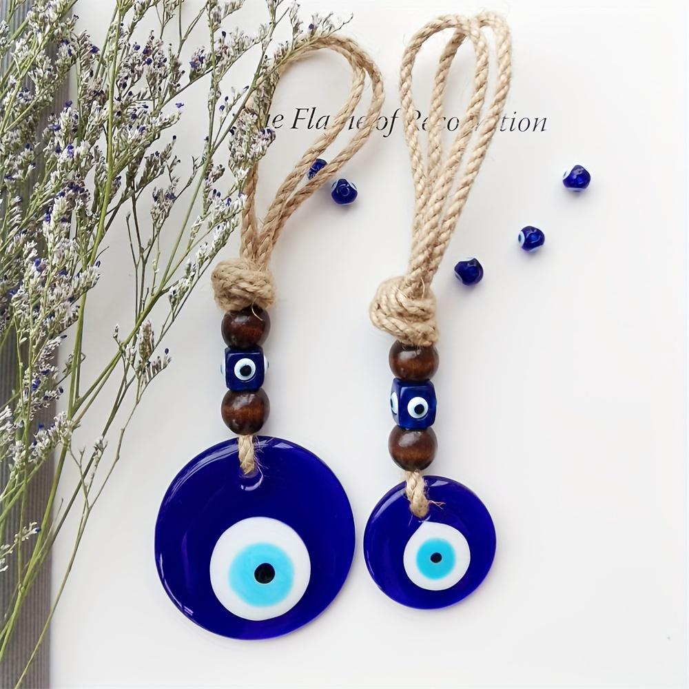 

Bohemian Handcrafted Blue Eye Pendant With Beads - Hemp Rope Braided Amulet For Home Decor & Protection