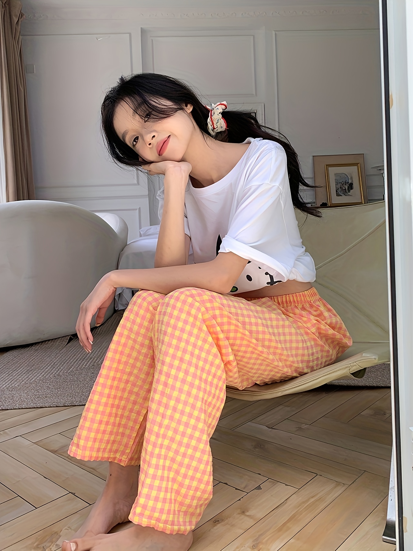 2-Pack Dames Katoenen Slaapbroeken Hoge Taille Losvallende Rechte  Pyjama Broek met Snoepkleur Blok Ontwerp, Ademend Lounge Broek voor Alle