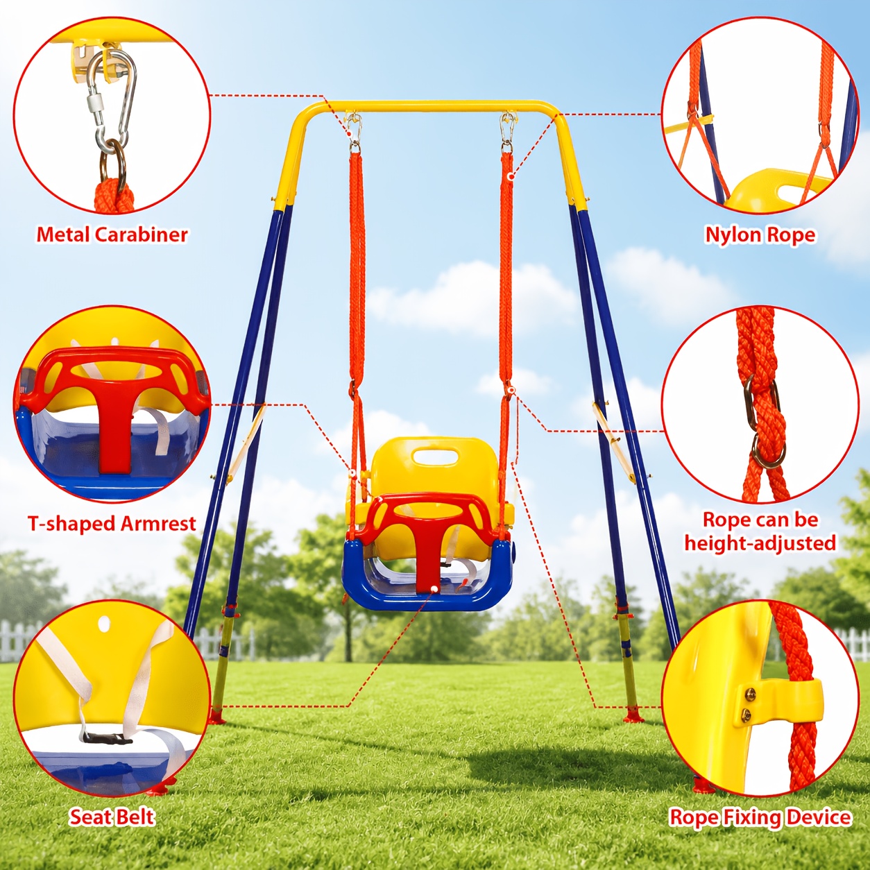 Close-up of swing seat and harness