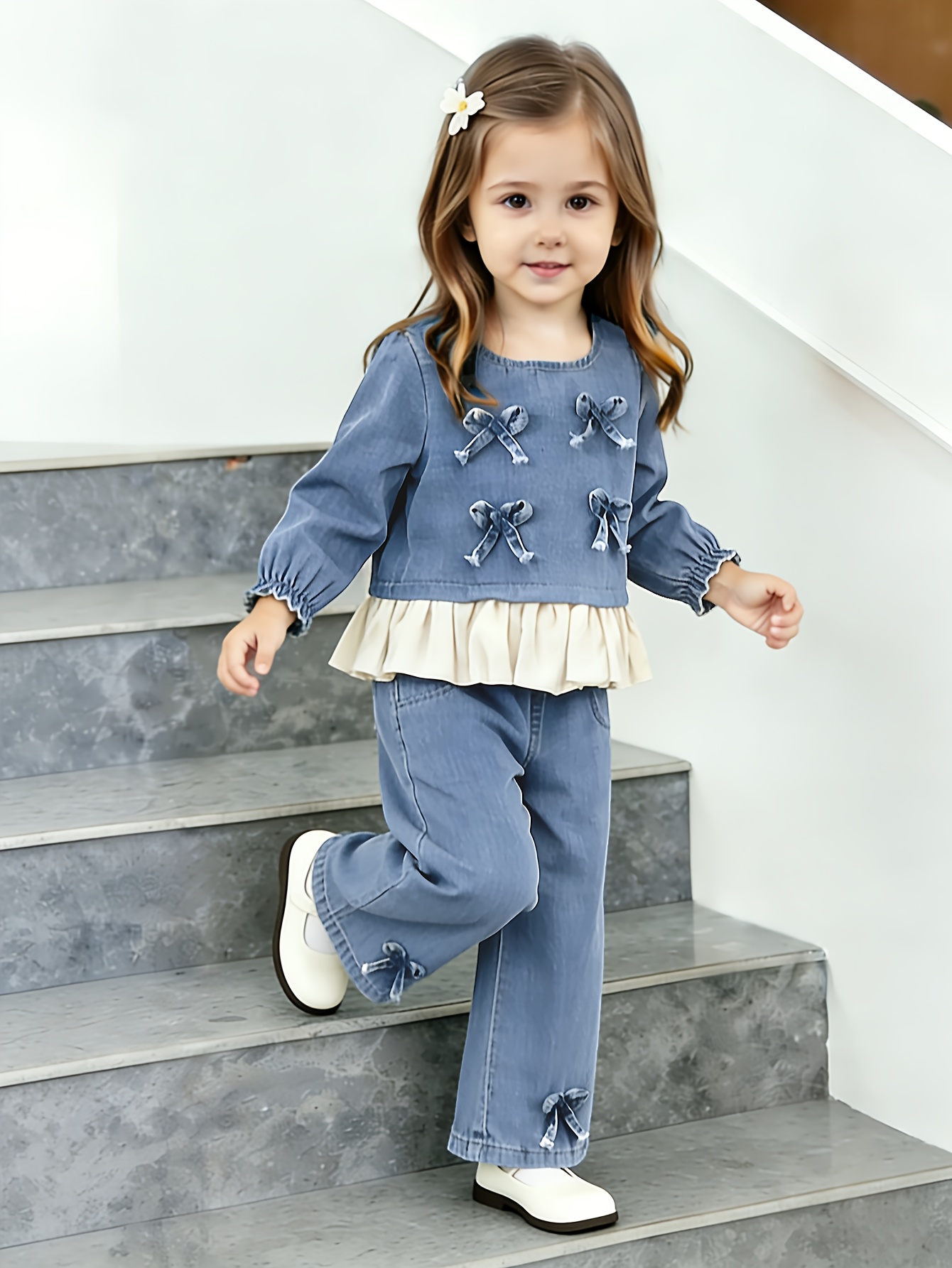 2pcs set for girls 0 3 years crew neck long sleeve denim top with ruffle and bow details casual denim pants comfortable soft durable fabric     for outdoor Product details 0