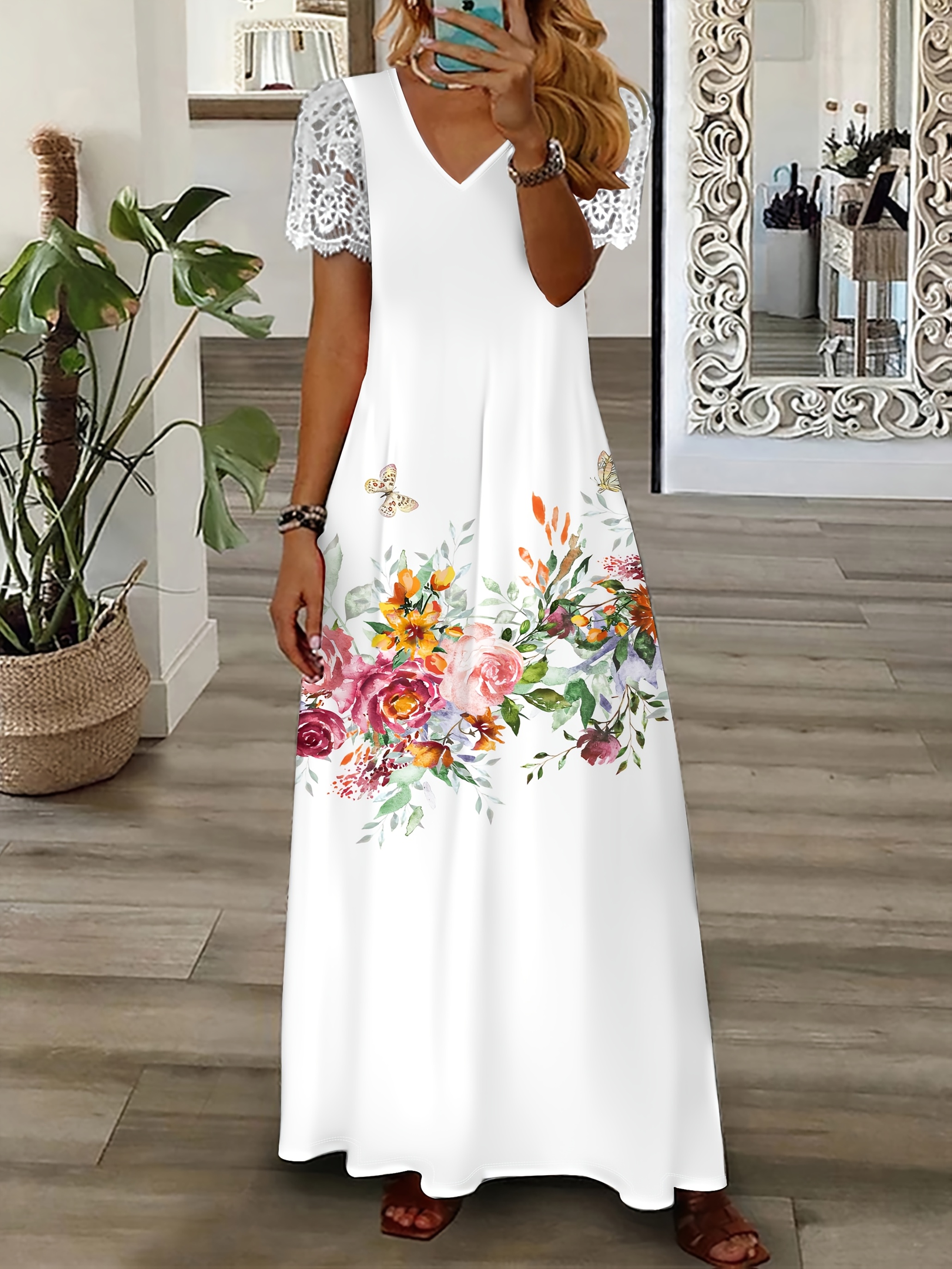 chinese dress ladies Lace Overlay Tassel Tie Short Sleeve Maxi Dress Black / S