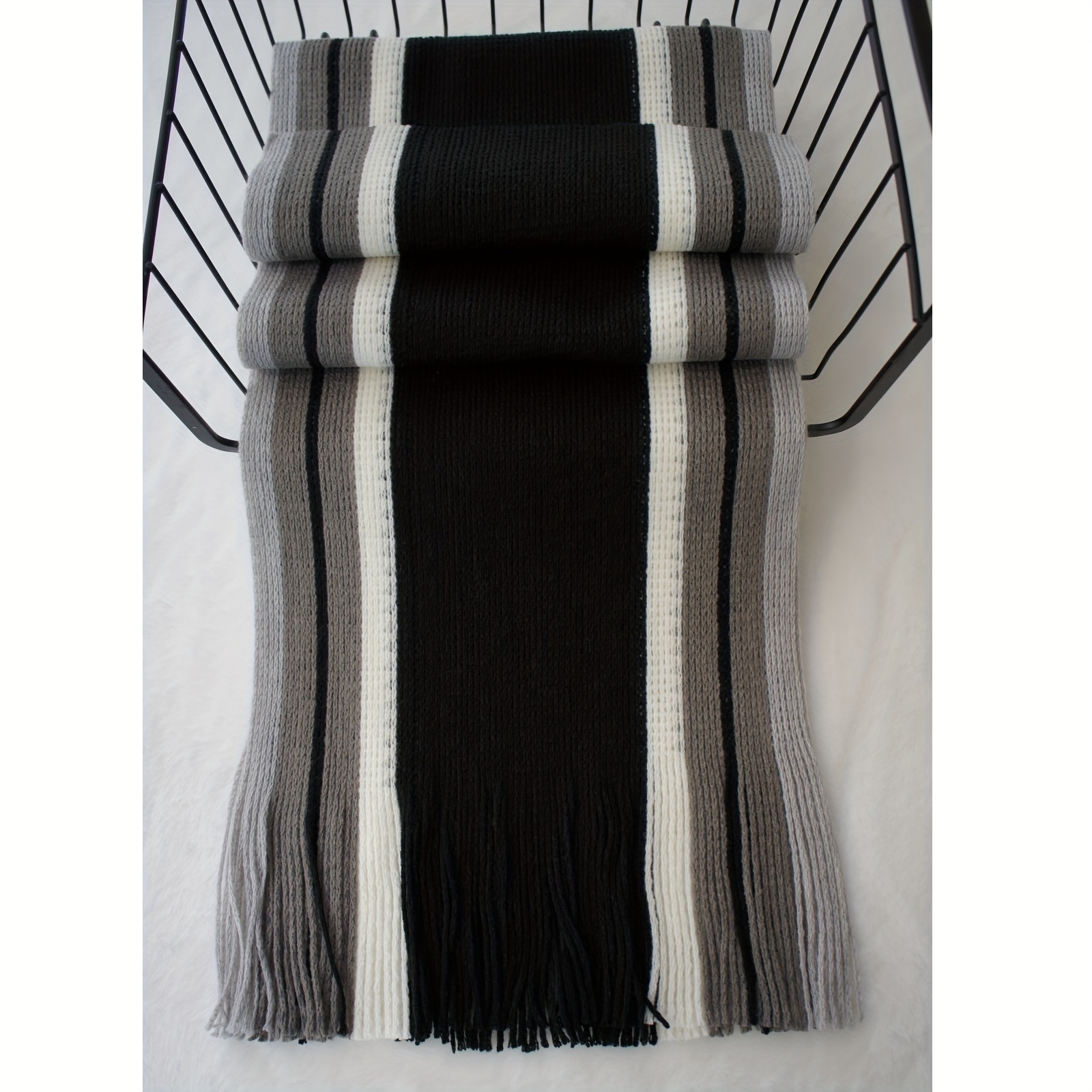 1pc Men'S Casual Style Striped Color Block Warm Acrylic Scarf with Tassel Detail - Knitted Fashion Accessory for Outdoor Trend details 26