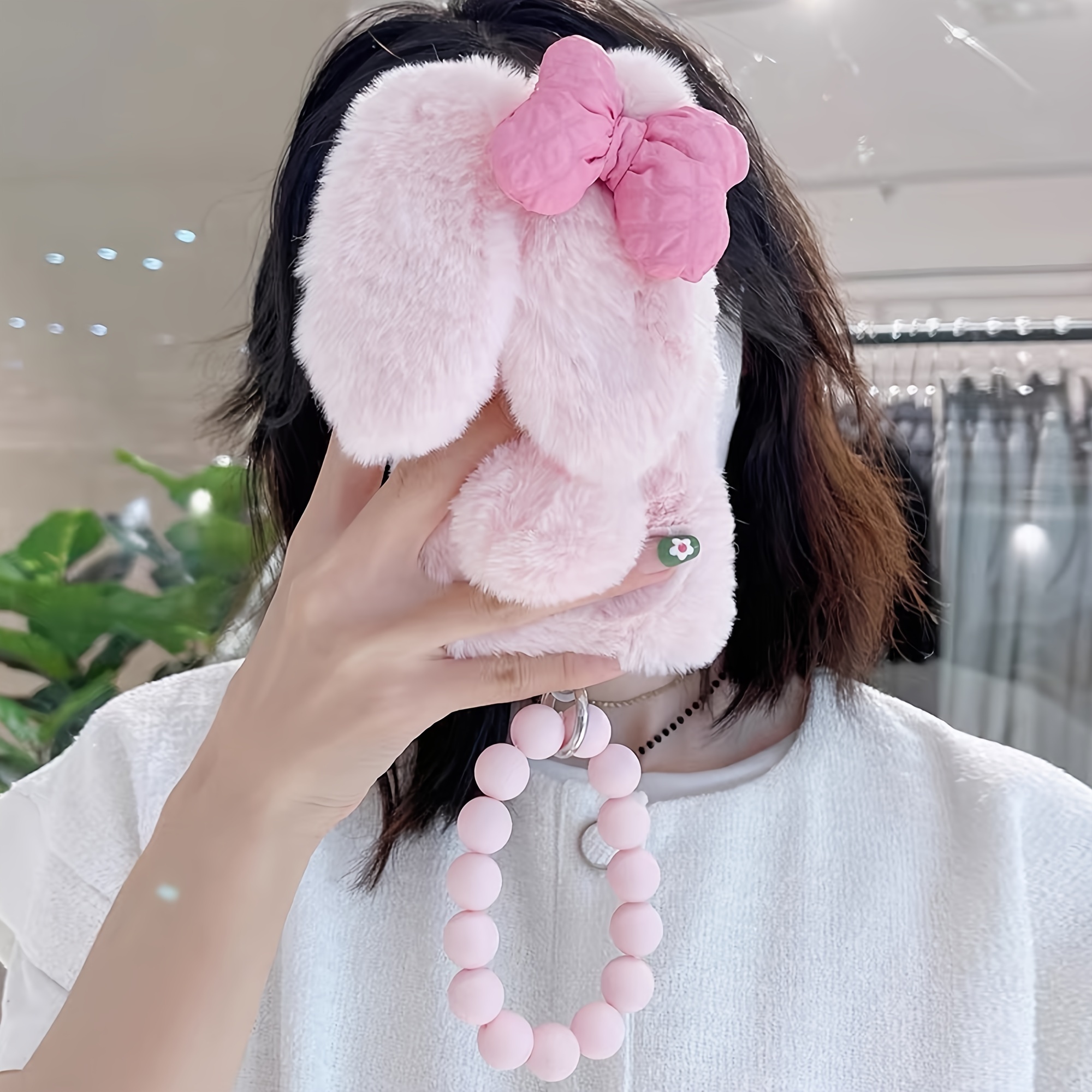 

Pink Plush Rabbit Bow Plush Mobile Phone Case With Chain Suitable For Iphone14 Mobile Phone Case Iphone13promax New Iphone15pro Anti-fall Iphone12 Women's Niche Iphone11 Plush Mobile Phone Case