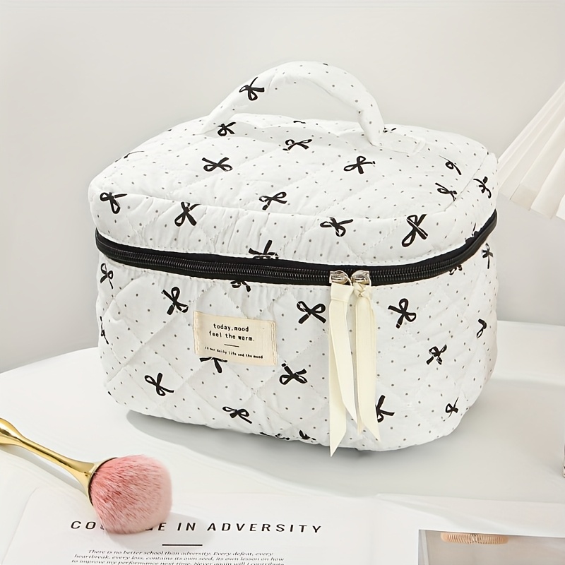 TEMU 1pc Cute Polka Dot And Bow Pattern Makeup Bag Large Capacity Quilted Makeup Storage Bag With Handle Makeup Organizer Cute Makeup Bag Ladies Skin