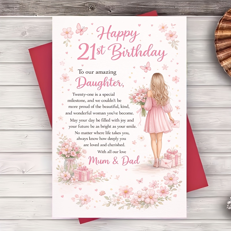TEMU 1 Envelope And 1 Greeting Card 21st Birthday Card For Daughter From Parents Cute Butterflies For Her Milestone Celebration Gift Card 2d Flat
