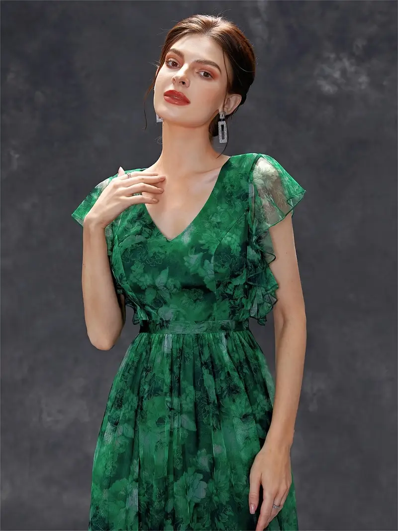 elegant womens deep v neck bridesmaid dress with short sleeves floral print lace trim satin mesh overlay ruffle hem a line long skirt weddings and formal events wedding guest attire floral print dress Product details 8