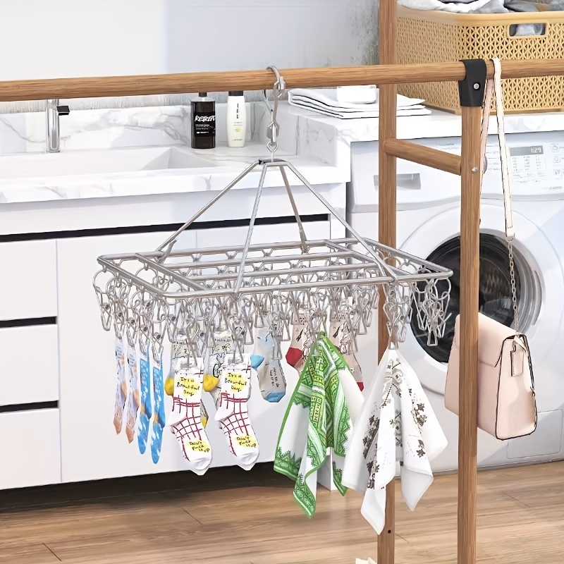 

Stainless Steel Laundry Drying Rack With 35 Clips, Space-saving Hanging Clothes Dryer, Windproof Metal Hanger With Swivel Hook For Home & Outdoor Use