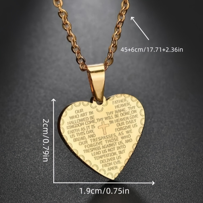 Stainless Steel Heart Pendant Necklace with Scripture Verse Golden Tone