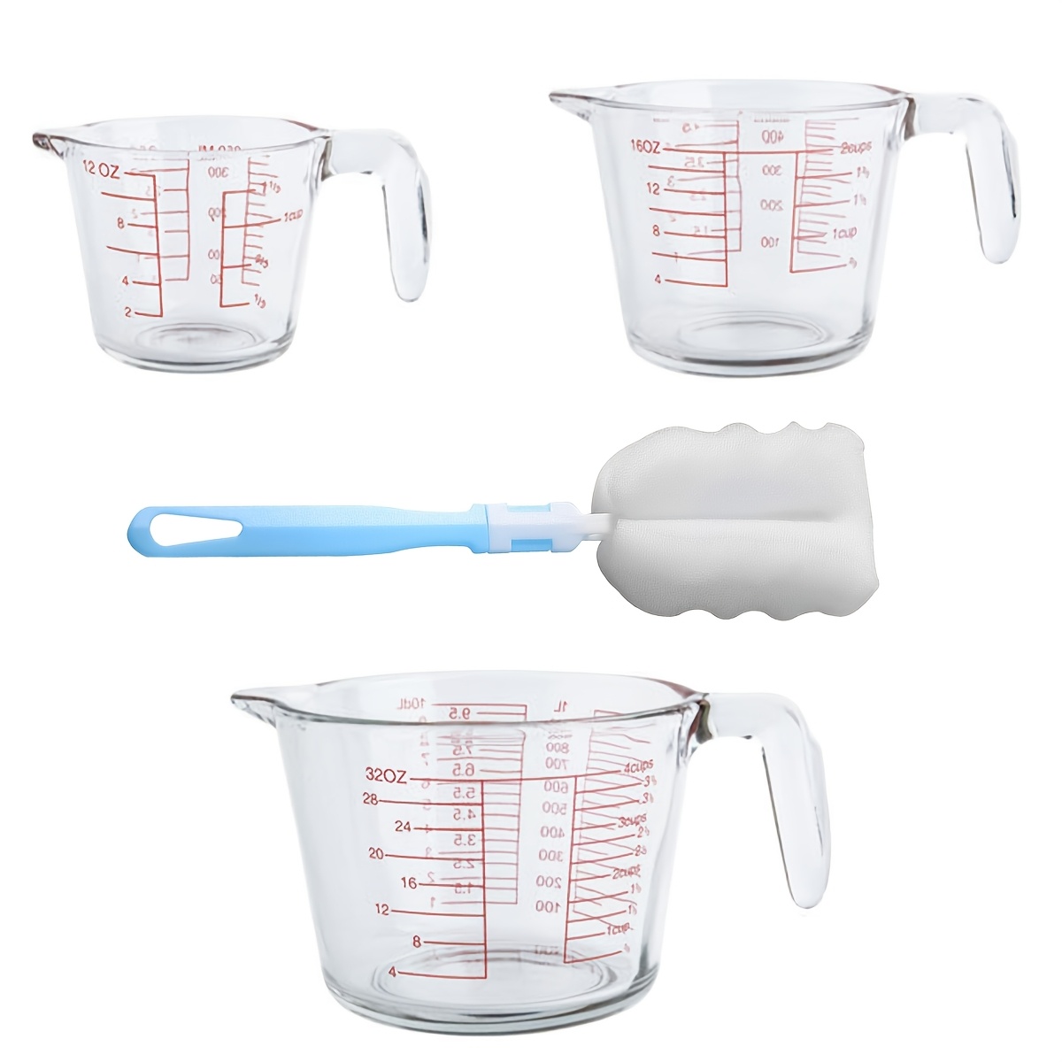 TEMU Set van 3 glazen maatbekers met schaalverdeling (10.14oz+16.91oz+33.81oz), hittebestendige glazen mengbekers met schoonmaakaccessoires, geschikt