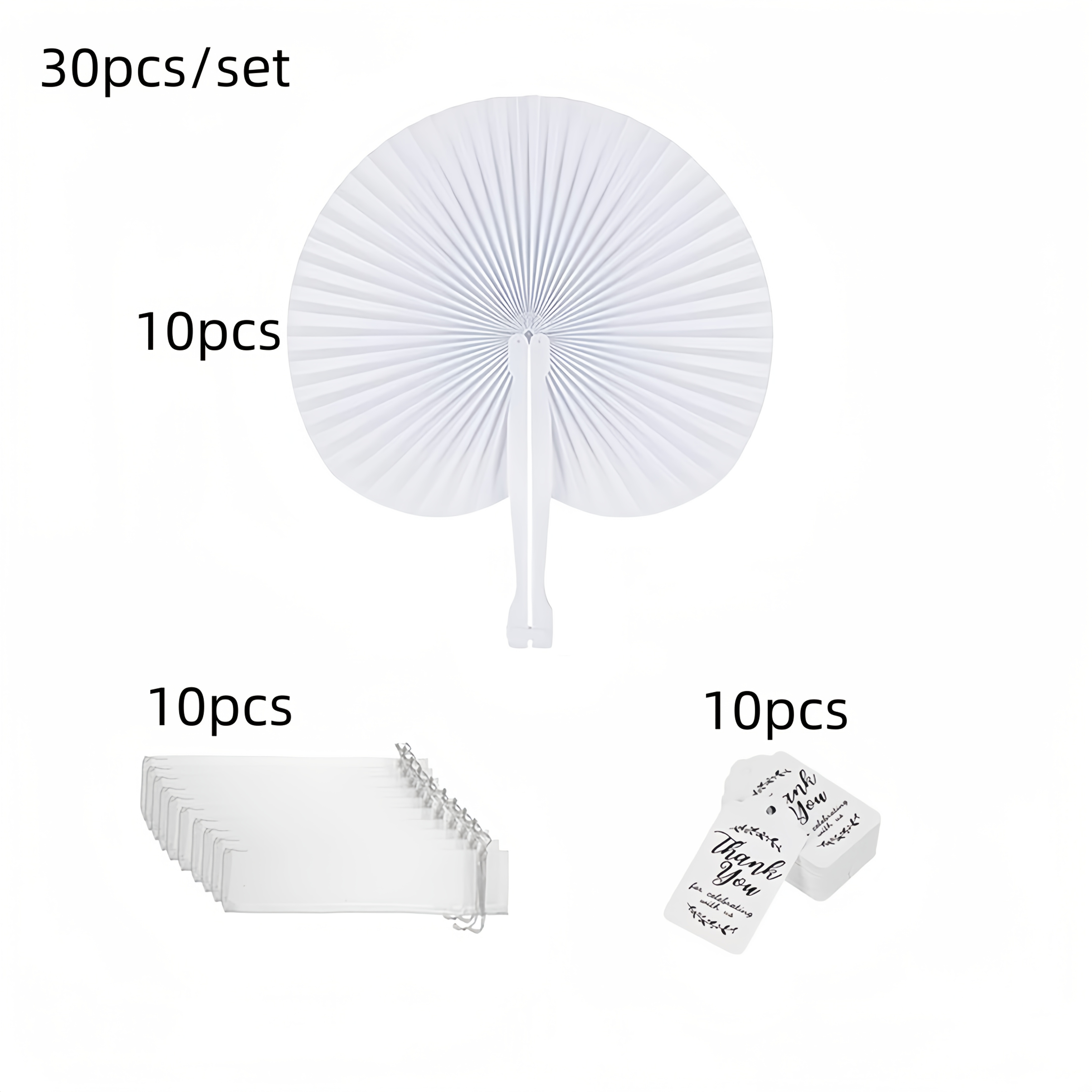 E-shop 15/30 Stück Set Runde Faltbare Hand-Papierfächer, mit Transparenten Beuteln und Etiketten, Geeignet als Hochzeitsgeschenke, Papierfächer,