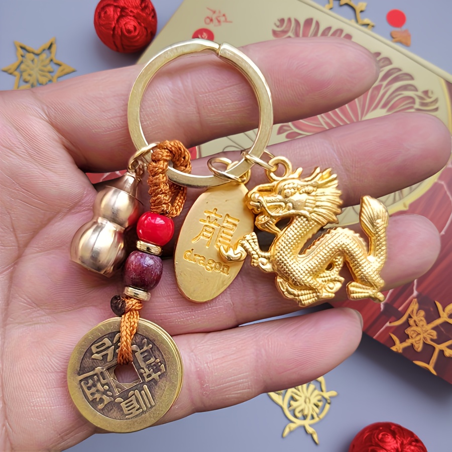 Image of A 3d Dragon + Plate + Ancient & Melon Seed Keychain Set For Shui Good Luck And Fortune | For Men And Women, Suitable For Easter, Christmas, Mother's Day, Father's Day, And Halloween