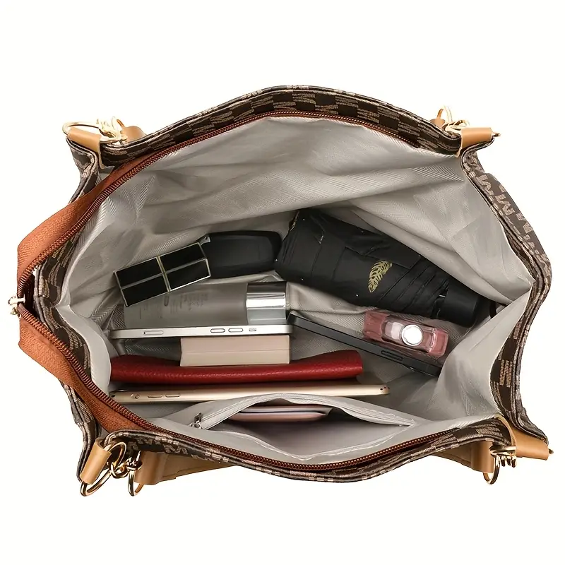 womens vintage tote bag lightweight large capacity convertible shoulder bag clutch synthetic leather with zipper closure hardware decorative m emblem for daily shopping brown white black travel bag details 13
