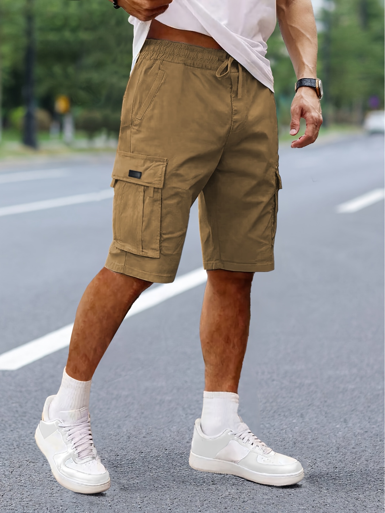 mens casual cargo shorts brown loose fit drawstring waist Temu