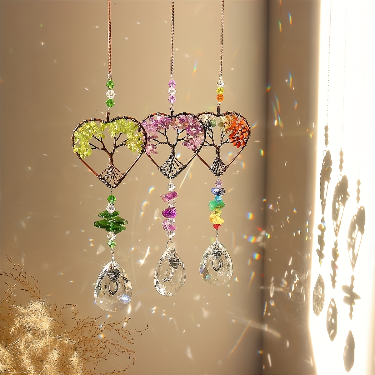 E-shop 1/3-teilig Sieben-Chakren-mehrfarbiger Lebensbaum-Herz-Sonnenfänger, natürlicher Amethyst, Rosenquarz, olivgrüner Sonnenfänger, exquisiter