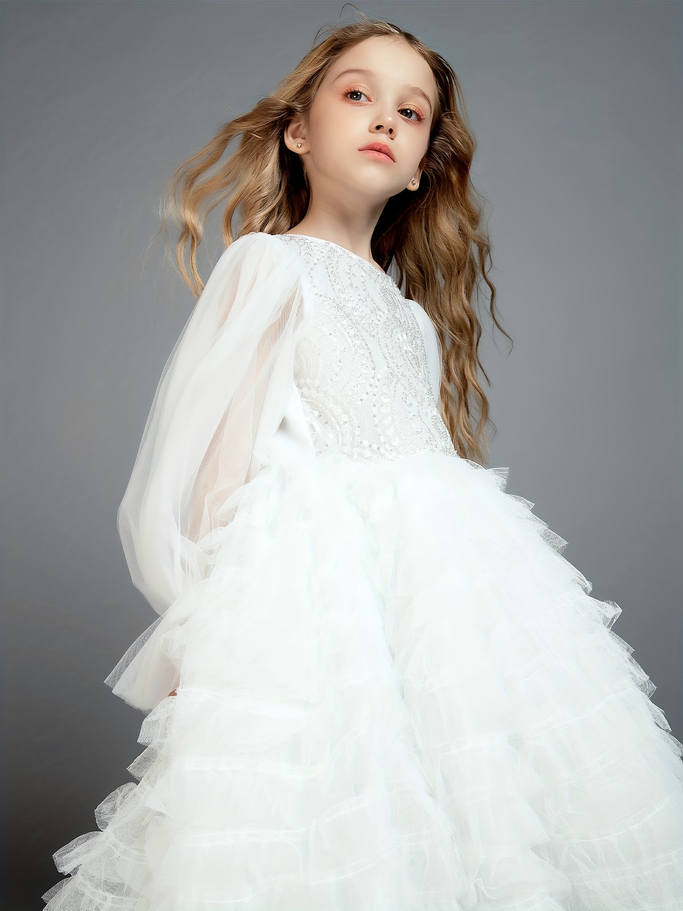 elegant girls white tulle princess dress with lace sleeves, formal