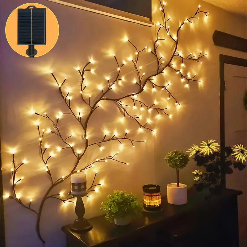 1pc solar 96 led willow vine wall lamp 8 lighting dimmable artificial plant branches fairy lights with lithium battery warm white for indoor outdoor garden patio holiday decor commercial street use solar garden lights Product details 1