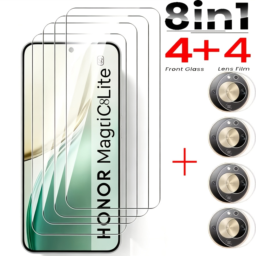TEMU 4pcs Verre Trempé Transparent + 4pcs Film pour Objectif d'Appareil Photo pour Honor Magic8 Lite Film de d'Écran en Verre
