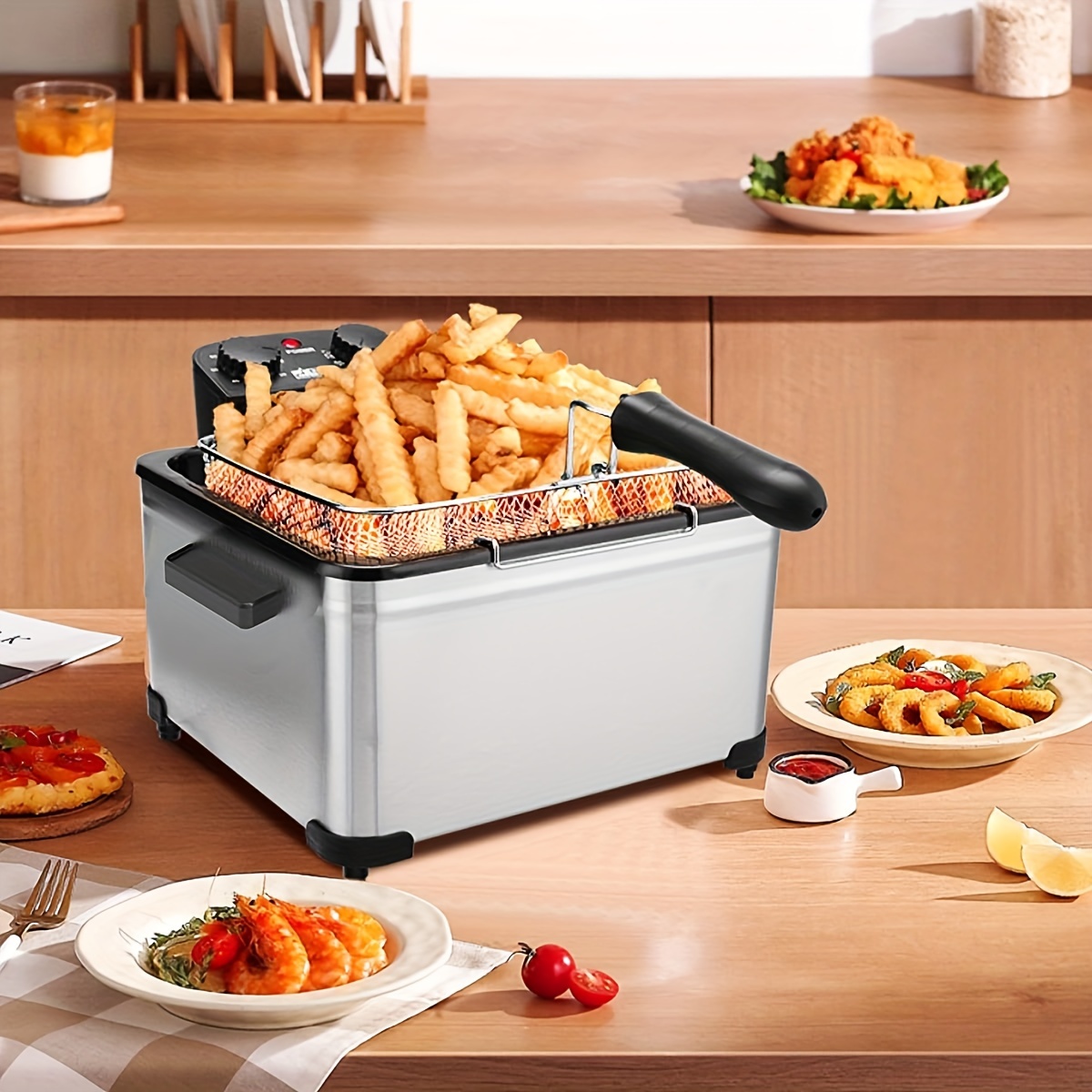 

1pc 1800w Deep Fryer With 3 Frying Baskets And View Window Lid, Stainless Steel Countertop Fryer Pot For Home Kitchen & Restaurant, 5 Liters/21 Cups Oil Capacity, Ideal For Fry Fish, Chicken, Donuts