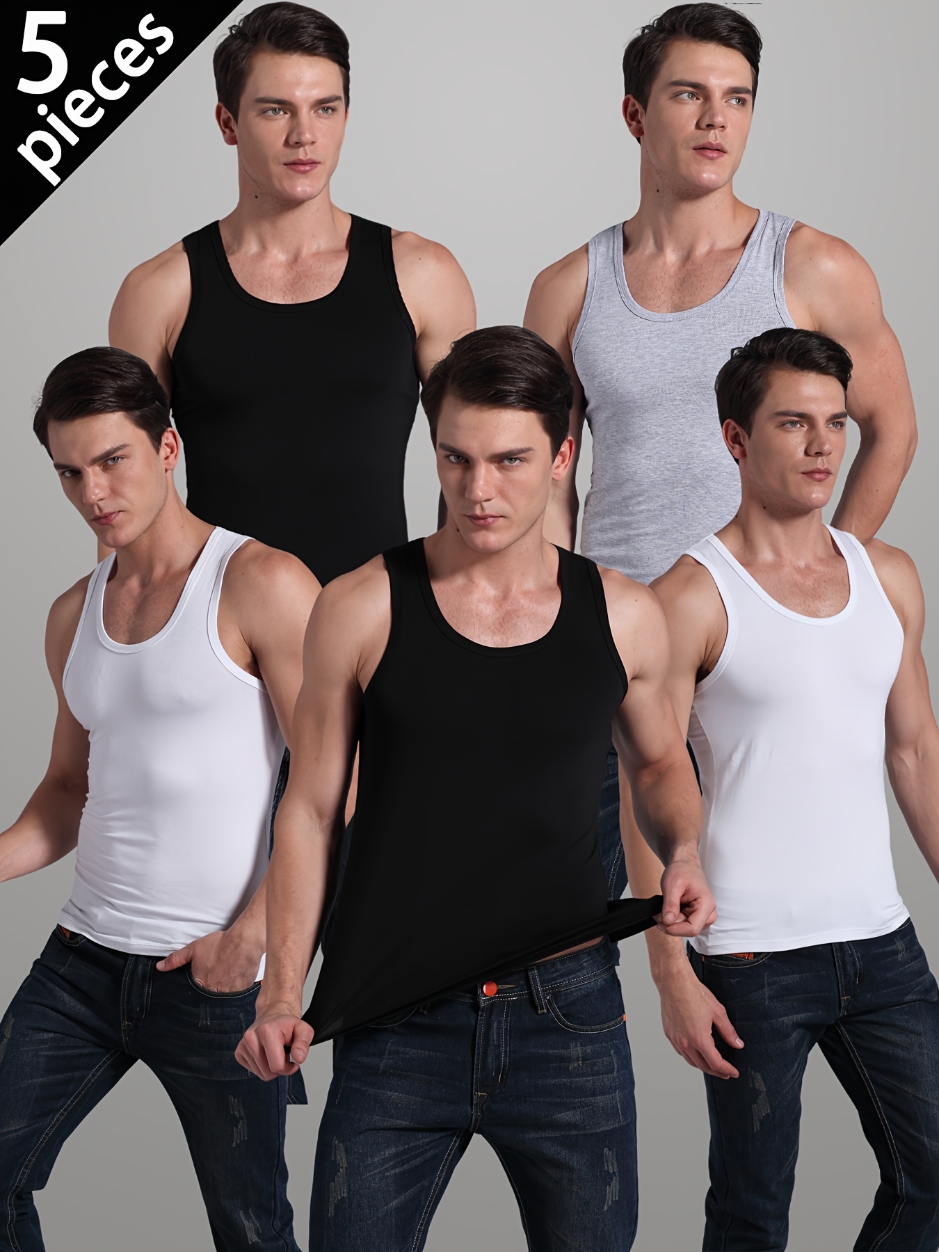 5pcs mens versatile solid   tops round neck sleeveless t shirts   fit thin athletic base layers   wear crossover tank tops for outerwear and inner wear