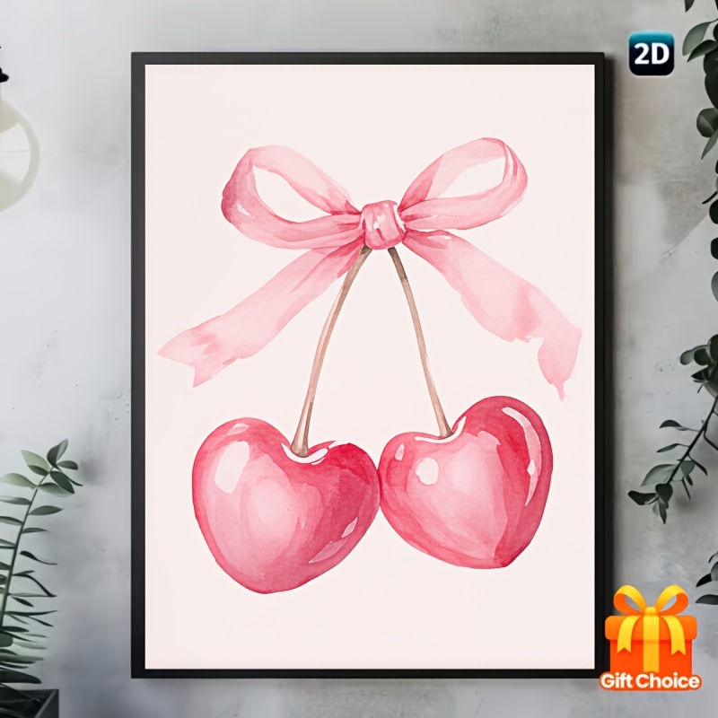TEMU 2d Flat, 2d Flat Print, Pink Cherries With Bow Wall Art Decorations, Frame Not Included, Exquisite , Home Decoration, High-quality Artwork,