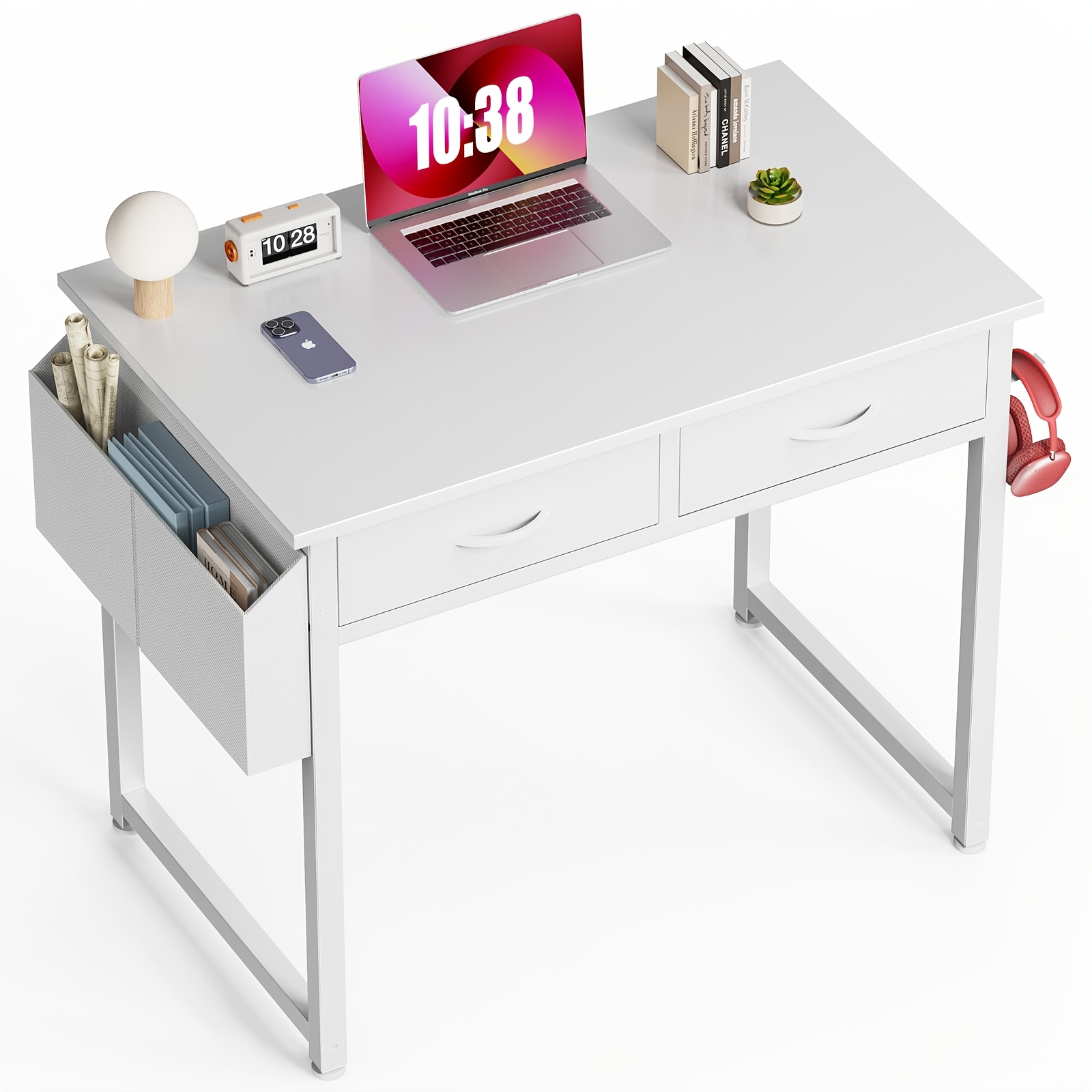 TEMU 32" Small Makeup Vanity Desk With Storage Drawers And Side Bag, Compact Bedroom Dressing Table With Hair Dryer Hook, Modern Study Writing Desk